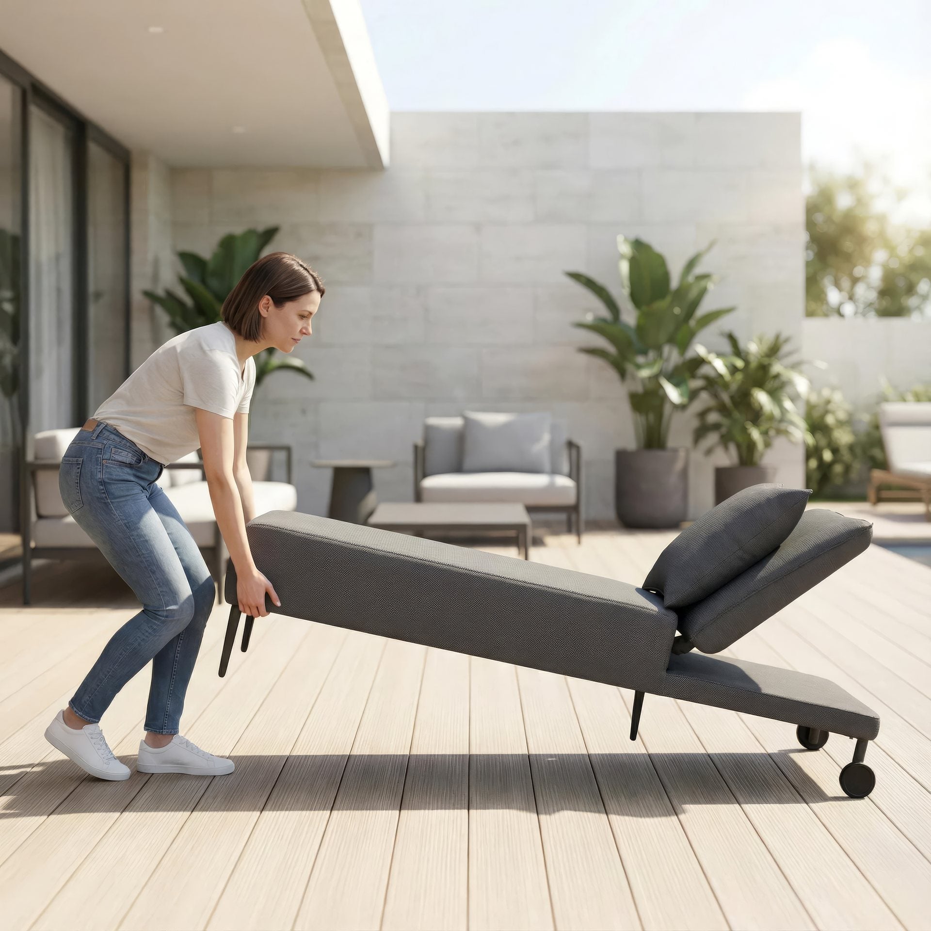 Sonnenliege Stephan Roll aus Aluminium mit Axroma Bezug. Jetzt mit integrierten Rollen für einfaches Verschieben. In Anthrazit oder Creme erhältlich.