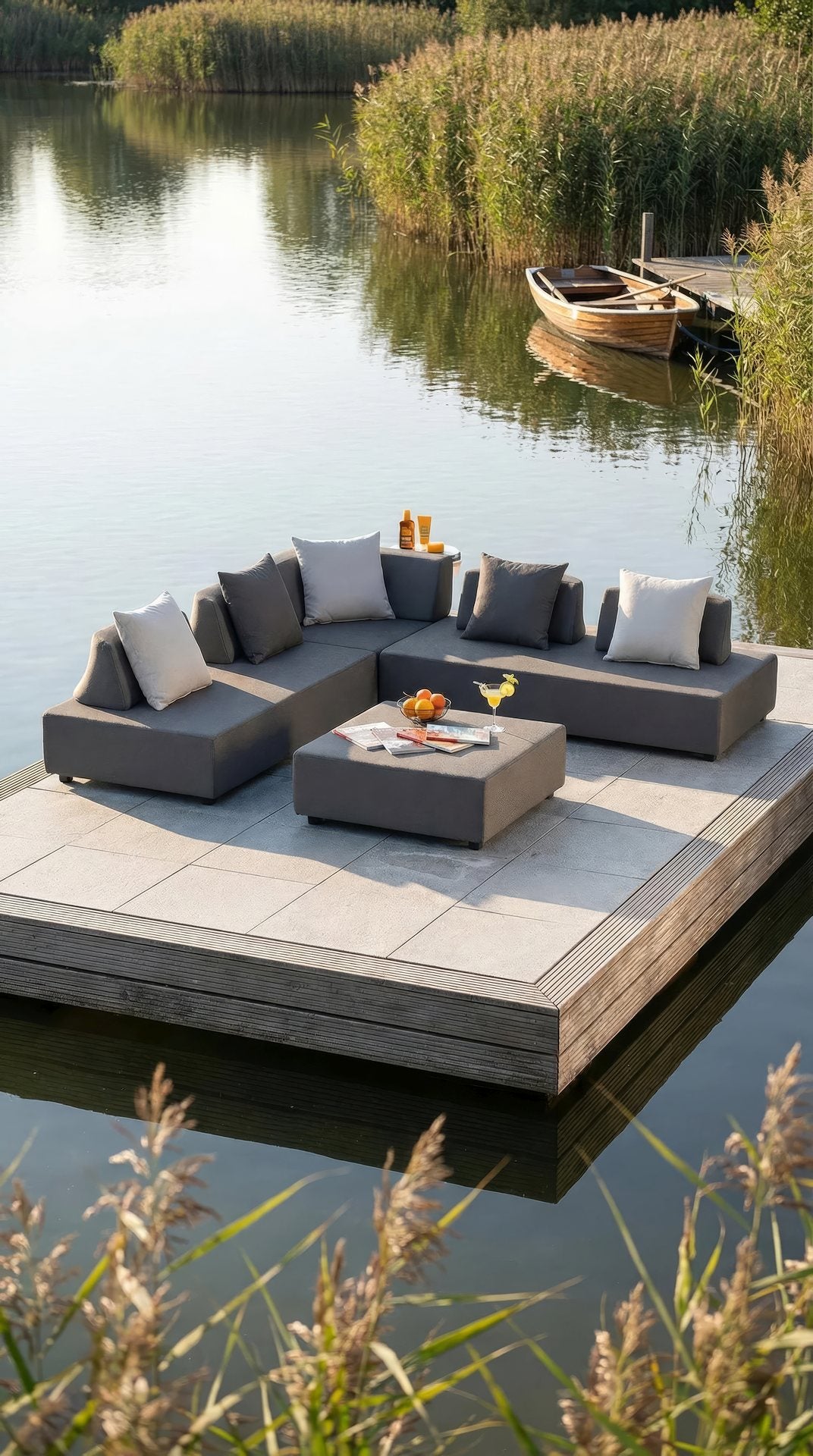 Die Stephan Loungegruppe: Individuell positionierbare Rückenlehnen, wasserabweisende Bezüge und multifunktionaler Hocker mit Metall-Tablett. Perfekt für Garten & Terrasse!