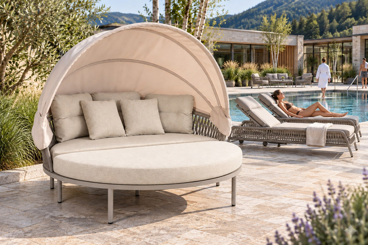 Becky Daybed Deluxe auf einer Poolterrasse mit aufgeklapptem Sonnendach