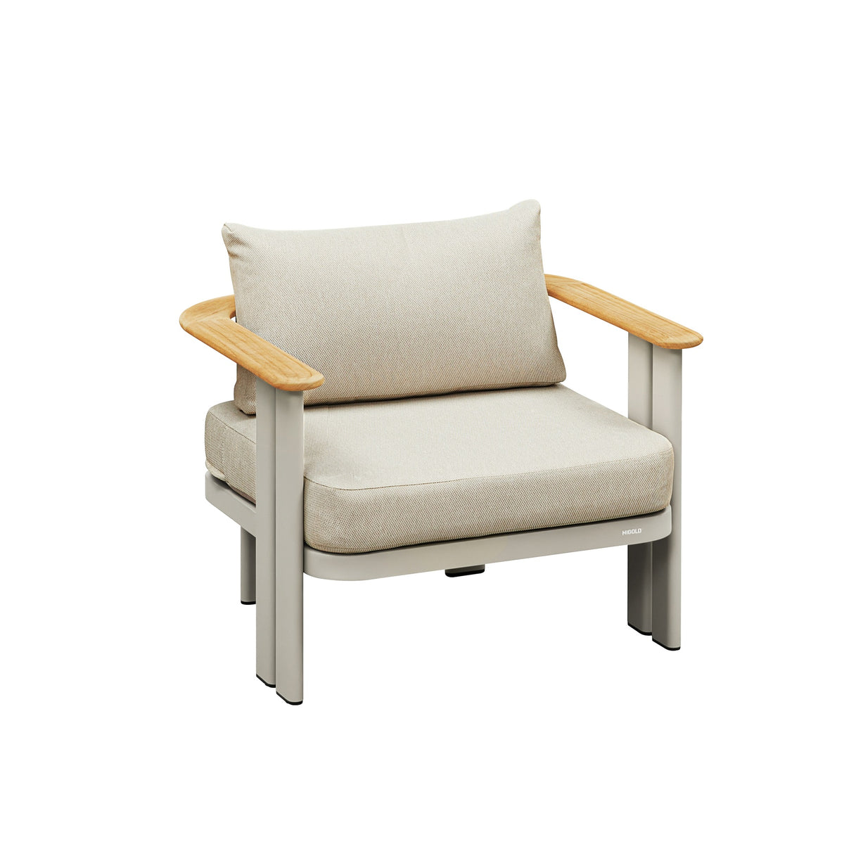 Clarissa Lounge-Fauteuil in Beige-Grau mit FSC-Teakarmauflagen und cremefarbenen Polstern