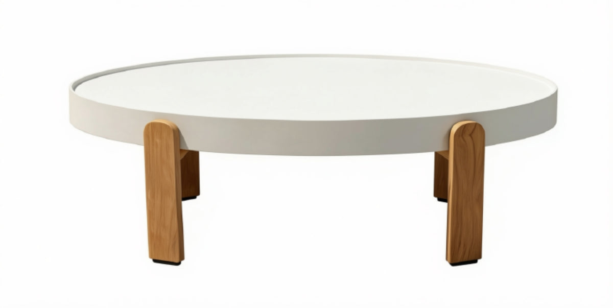 Maxine Couchtisch mit weißer Aluminiumplatte und Beinen in Holzoptik