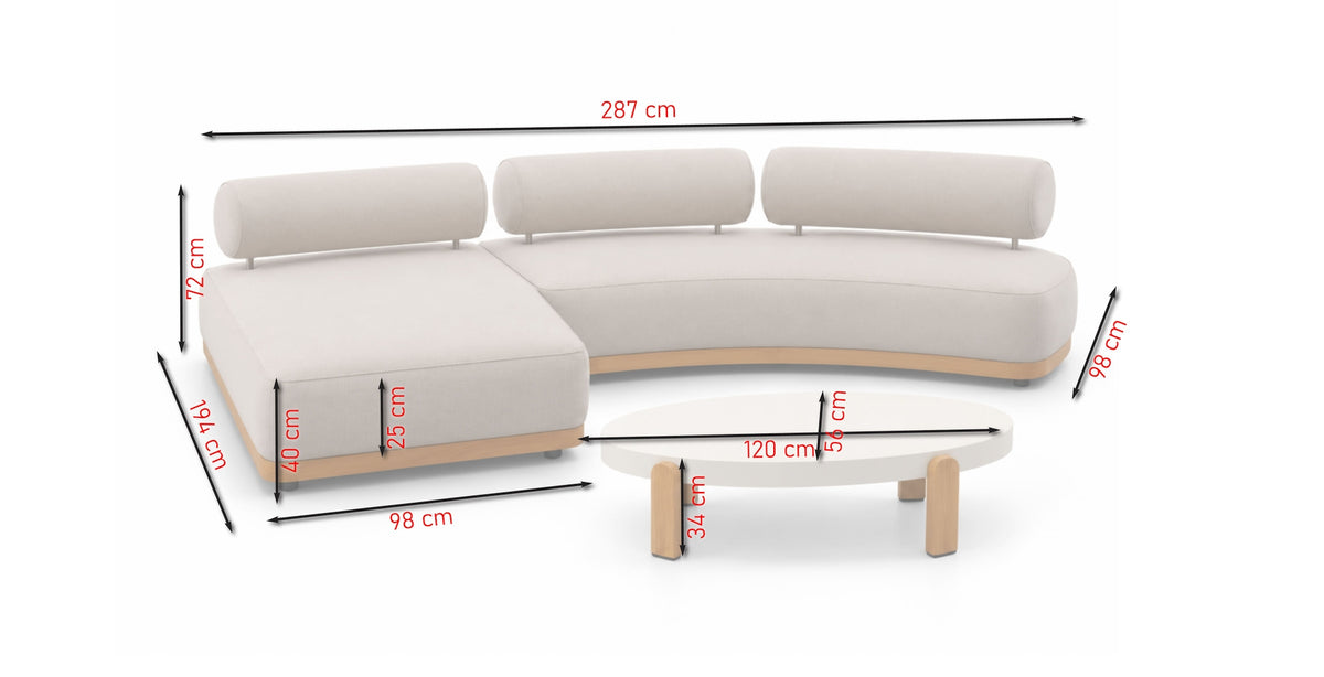 Maxine Gartenlounge – Maßskizze mit 287 cm Gesamtbreite
