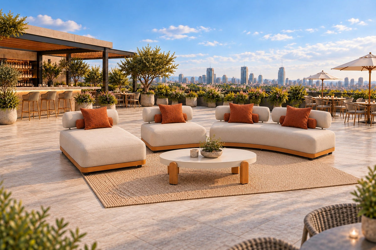 Maxine XL Gartenlounge mit getrennt aufgestellten Sitzelementen auf einer Dachterrasse