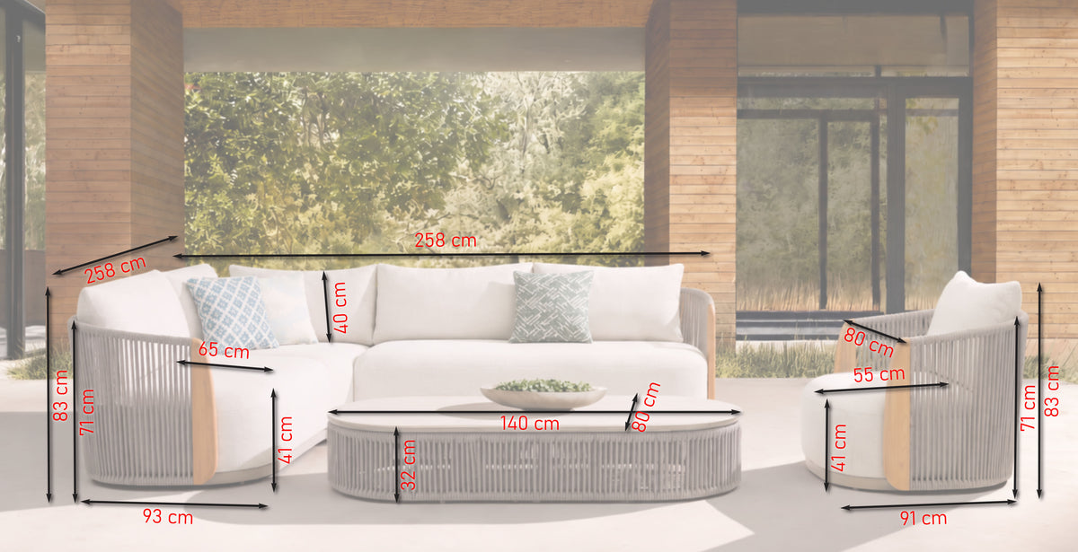 Nadja Gartenlounge – Maßskizze mit Eckbank 258 × 258 cm, Fauteuil und Couchtisch