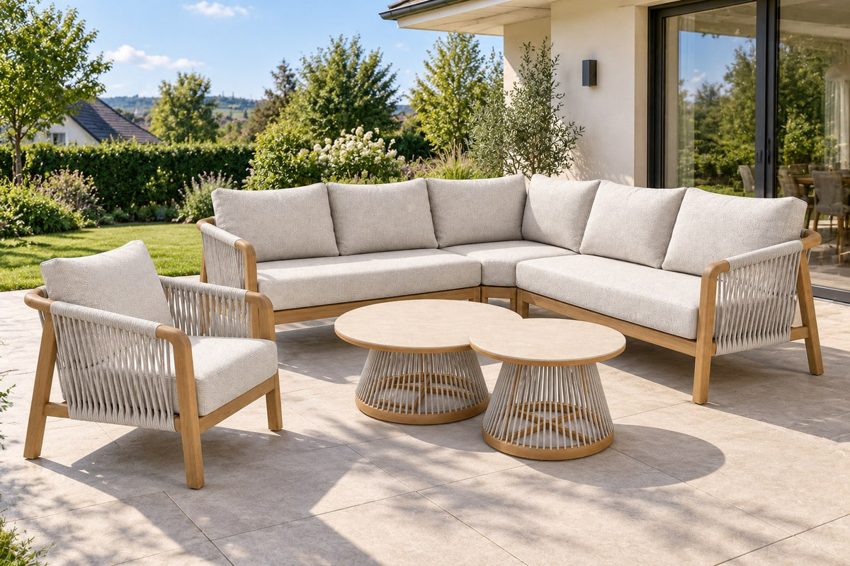 Olenna Eck-Gartenlounge mit einzelnem Fauteuil und zwei Sinterstone-Couchtischen