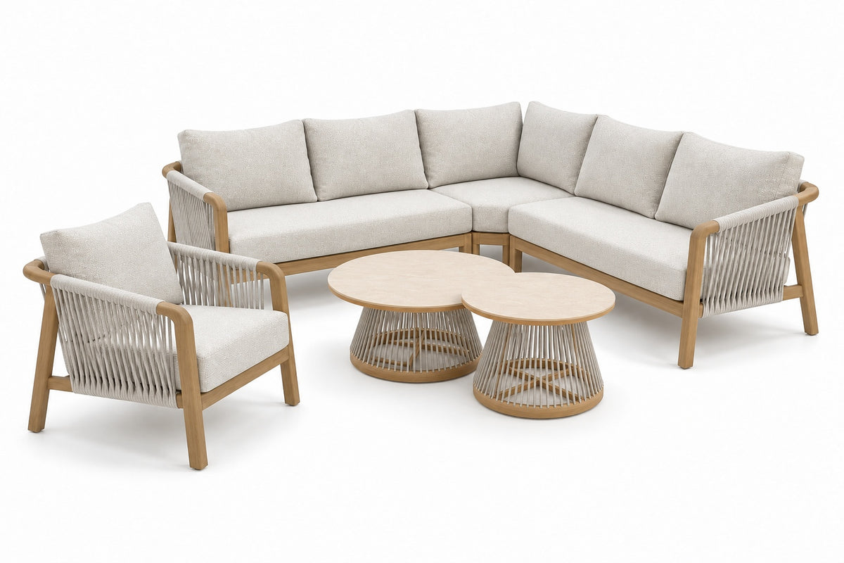 Olenna Eck-Gartenlounge – vollständiges Set mit Eckbank, Fauteuil und zwei Couchtischen vor weißem Hintergrund