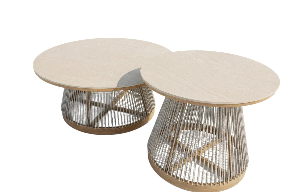 Olenna runde Couchtische mit Sinterstone-Platten im Holzdekor Ivory und bespannten Untergestellen