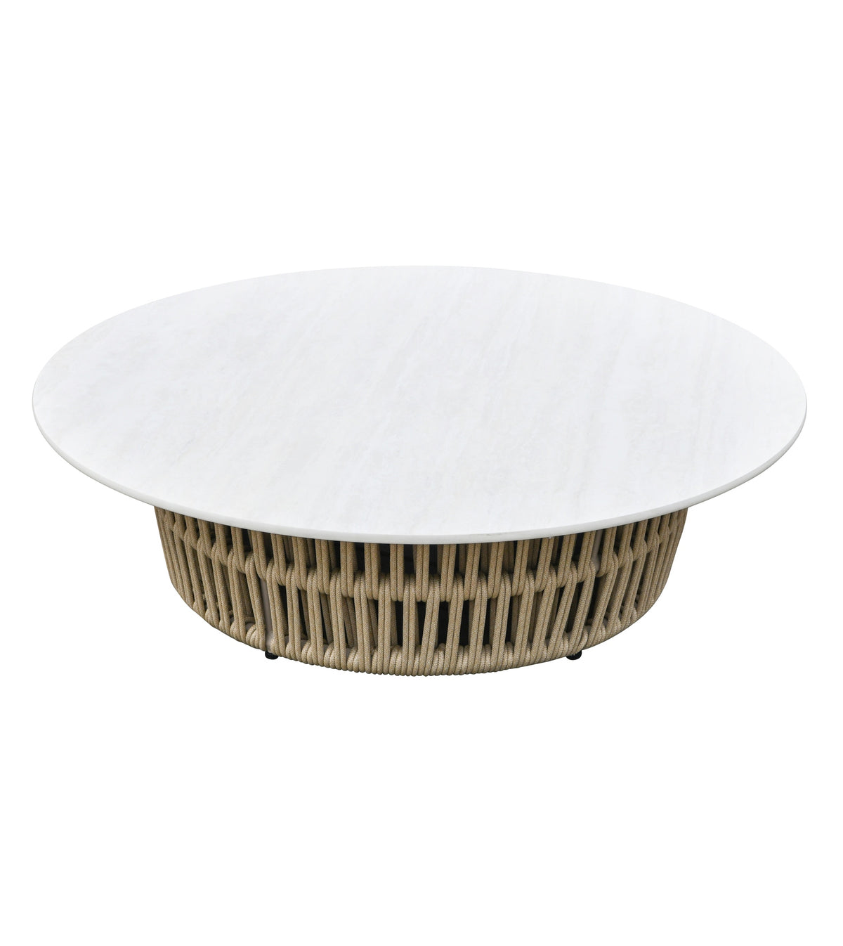 Roxie Couchtisch mit weißer Sinterstone-Platte in Steinoptik und heller Rope-Schnürung