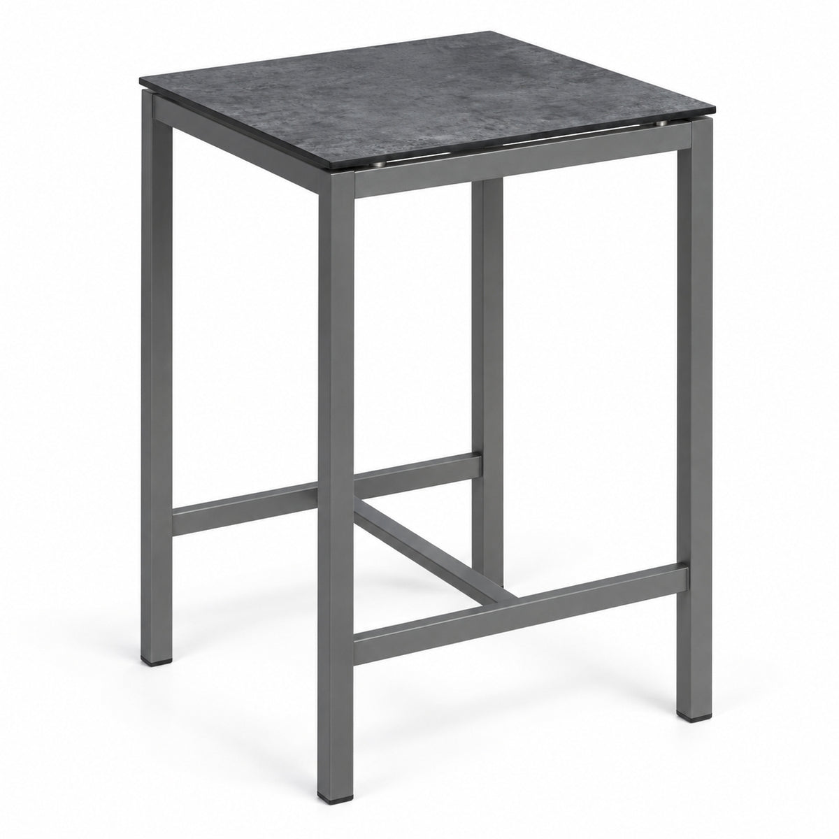 Silvio Bartisch 70 × 70 cm, Edelstahl anthrazit pulverbeschichtet, HPL-Tischplatte Manhattan dunkel, Höhe 108 cm