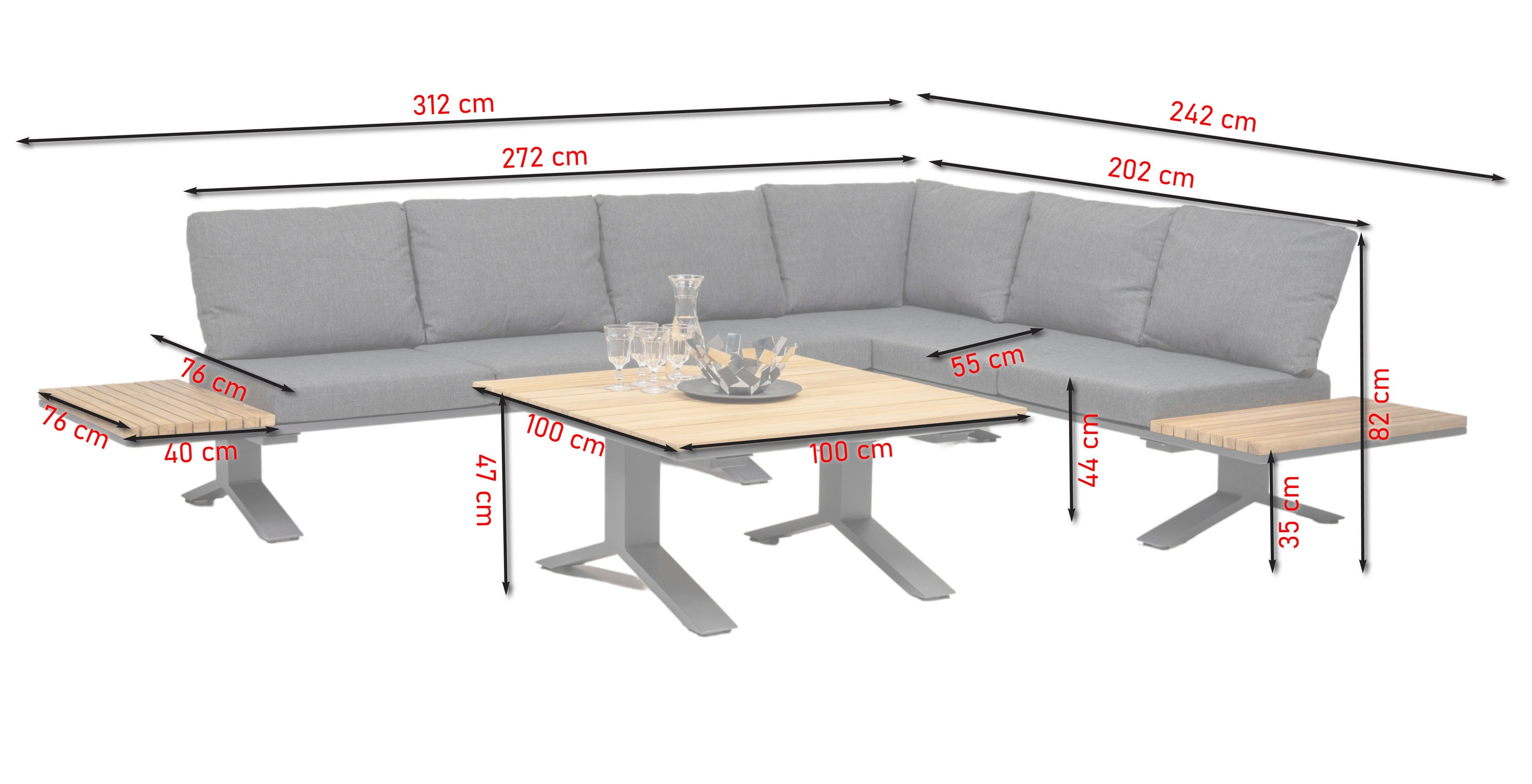 Adelina Loungegruppe mit anthrazitfarbenem Aluminiumgestell und Teakholz-Ablageflächen, umgeben von dunkelgrauen Stoffkissen, verfügbar bei Gartenmöbelshop.at.