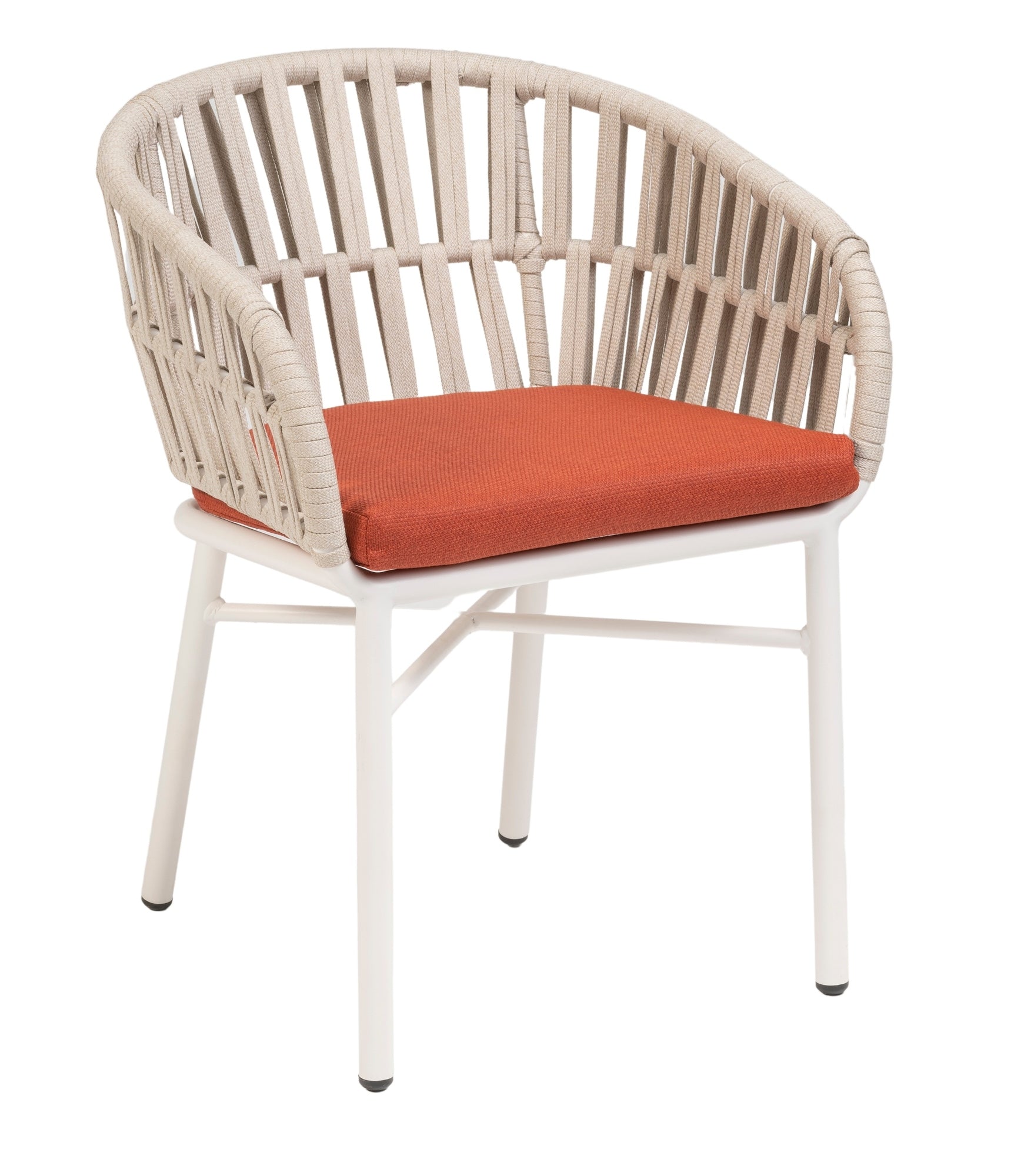 Gartenstuhl Beatrix in Weiß mit Terracotta oder Creme Textilschnüren und komfortablem Sitzkissen, ideal für moderne Außenbereiche.