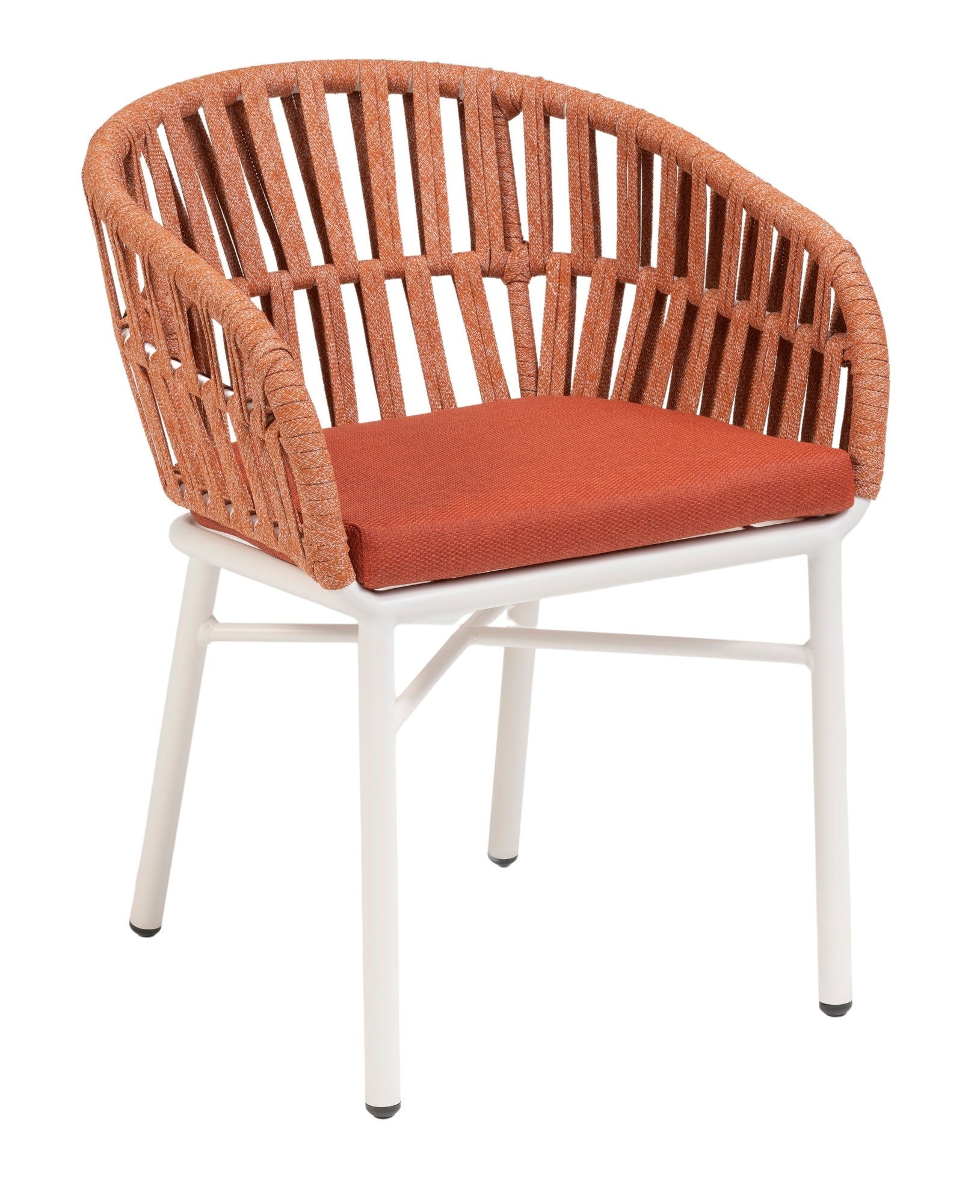 Gartenstuhl Beatrix in Weiß mit Terracotta oder Creme Textilschnüren und komfortablem Sitzkissen, ideal für moderne Außenbereiche.