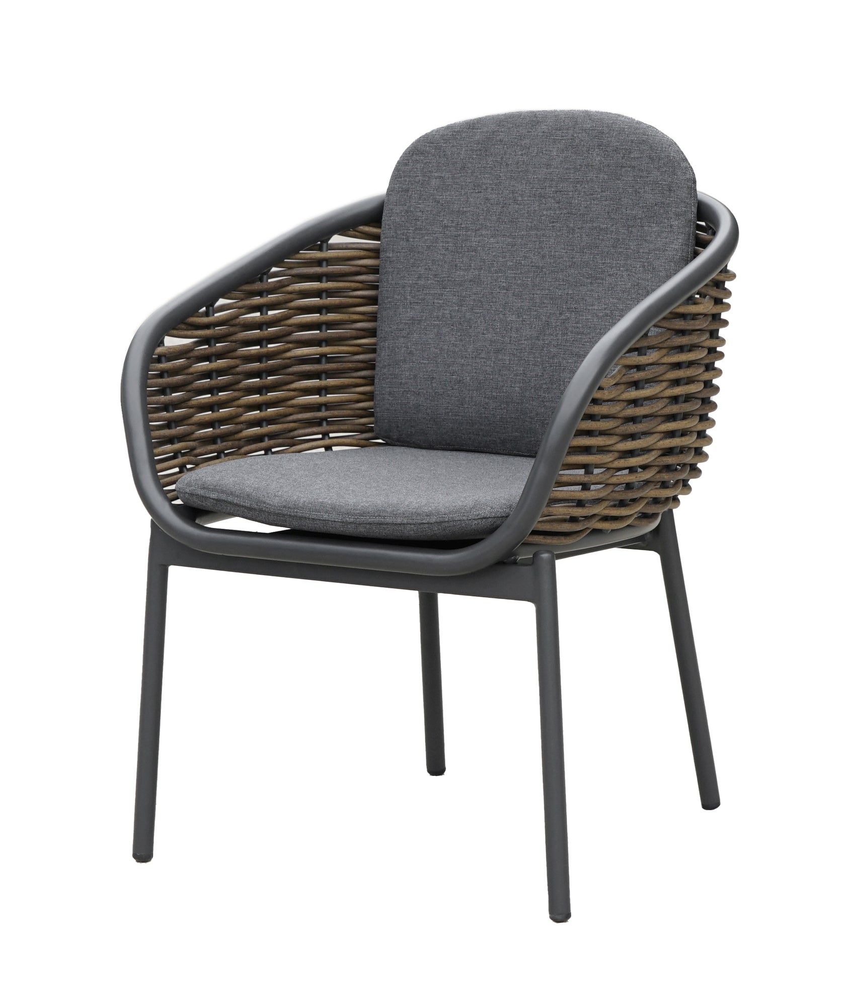Die Garten Eckbankgruppe 'Claire' mit braun meliertem Kunststoffgeflecht, dunkelgrauen Kissen und einem Sinterstone-Tisch in Marmoroptik, angeboten von Gartenmöbelshop.at.