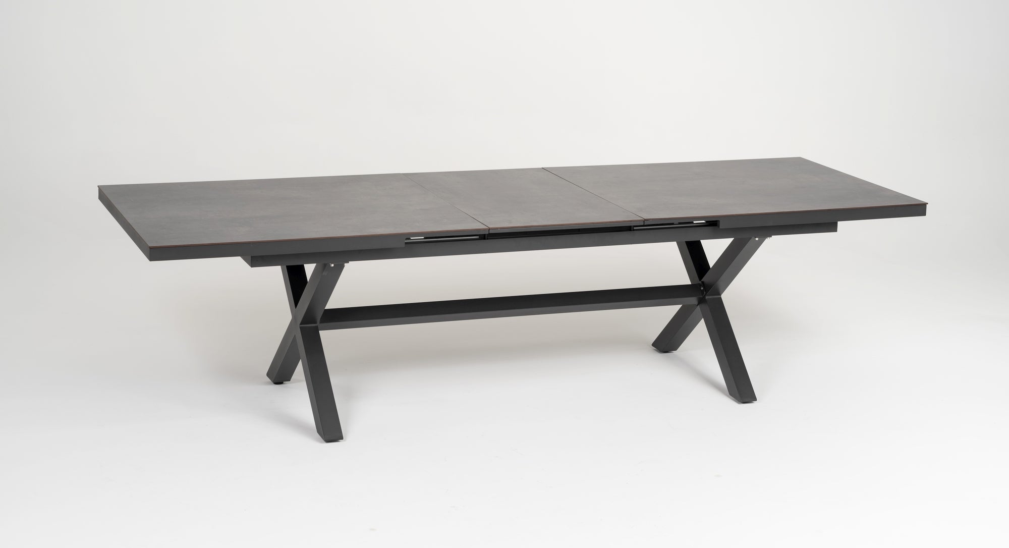 Gartentisch Lexy mit Aluminiumgestell in Anthrazit und HPL-Tischplatte im dunkelgrauen Steindekor.