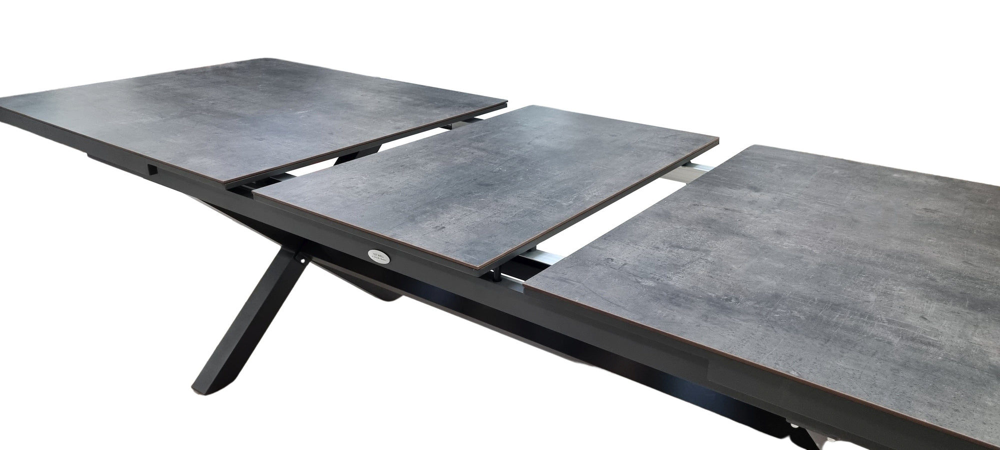 Gartentisch Lexy mit Aluminiumgestell in Anthrazit und HPL-Tischplatte im dunkelgrauen Steindekor.